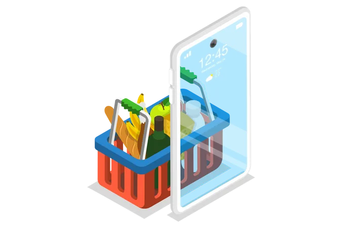 Application mobile de commande d'épicerie, service de livraison de nourriture en ligne  Illustration