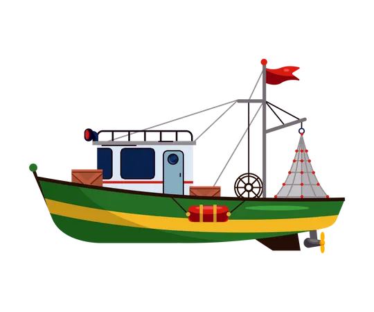 Fishing Boat Commercial Fishing Trawler For Fishery Industrial Of Seafood Production Vector Illustration Small Marine Ship Sea Or Ocean Fish Boat Set イラスト