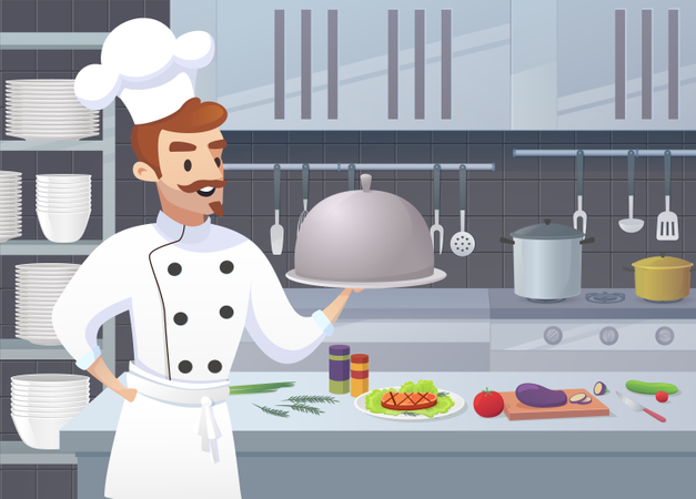 Commercial Kitchen with Cartoon Characters Chef Cook Dish Dinner  Illustration