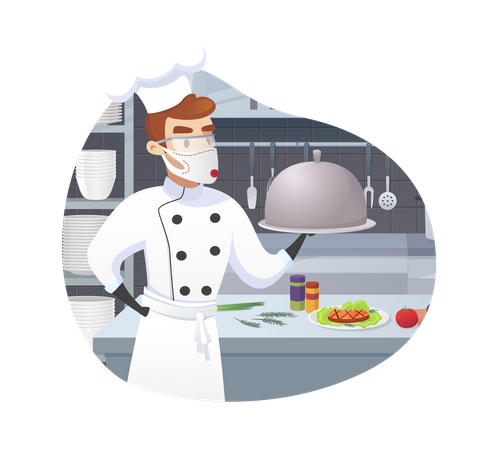 Commercial Kitchen with Cartoon Characters Chef Cook Dish Dinner  Illustration