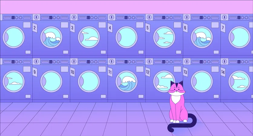 Commercial Washers With Cat Lo Fi Chill Wallpaper Laundromat Cute Animal At Laundry Room 2 D Vector Cartoon Interior Illustration Vaporwave Background 80 S Retro Album Art Synthwave Aesthetics Illustration
