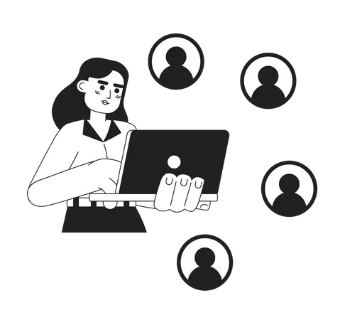 Communicating Virtually With Clients Monochrome Concept Vector Spot Illustration Social Media Specialist 2 D Flat Bw Cartoon Character For Web UI Design Isolated Editable Hand Drawn Hero Image Illustration