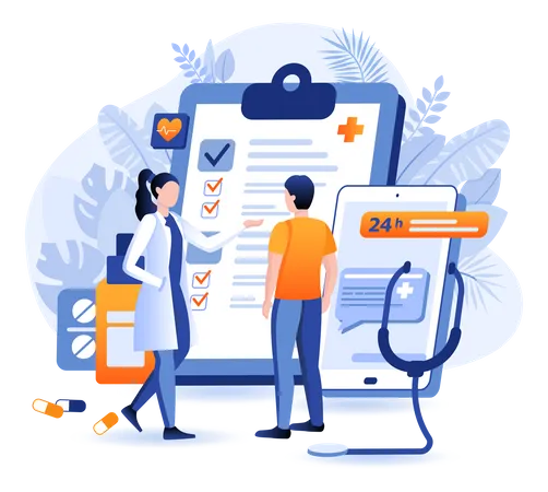 Online Medicine Scene Patient Consults With Doctor Via Smartphone Application Healthcare Medical Prescriptions Diagnosis Treatment Concept Vector Illustration Of People Characters In Flat Design Illustration