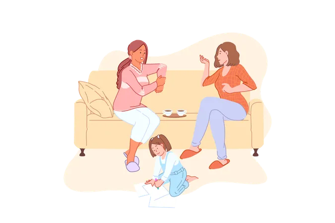 Home Leisure Family Weekend Communication Tea Time Lunchtime Concept Adult Women With Teacups On Sofa Child Playing On Floor Friendly Conversation Babysitting Simple Flat Vector Illustration