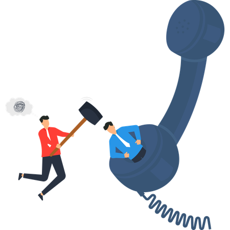 Communication breakdown conflict and frustration depicted with a phone and hammer  Illustration