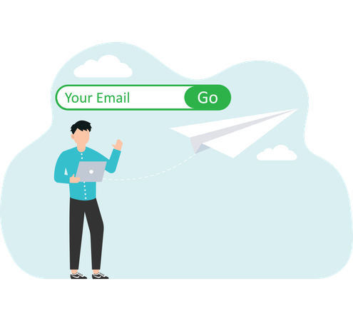 Communication by e-mail sending emails and letters working business correspondence of company employees targeting and information  man flies on paper plane next to the message sending line  Illustration