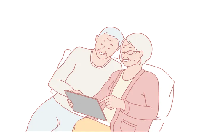 Family Pensioners Education Communication Online Concept Elderly Couple Man Woman Talking To Children Or Grandchildren Use Internet Couple Of Old People In Love Learn Technology Flat Vector Illustration