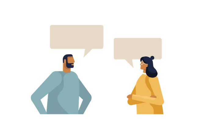 A Young Man And A Woman At A Business Meeting Communicate With Speech Bubbles Illustration