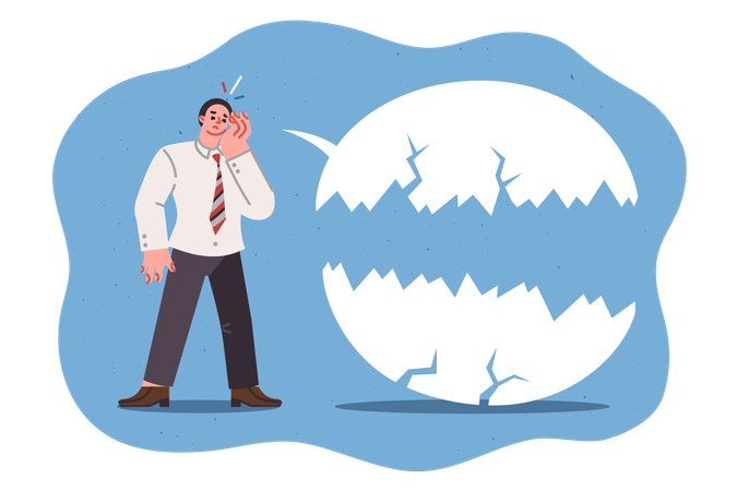 Communication problems of sad business man standing near destroyed speaking cloud  Illustration