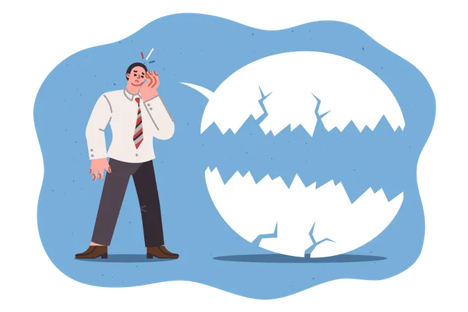 Communication problems of sad business man standing near destroyed speaking cloud  Illustration