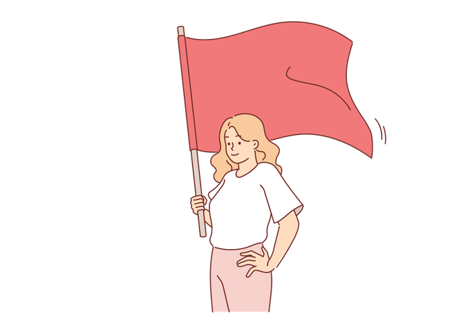 Communist woman holds red flag advocating class equality or strengthening trade unions  イラスト