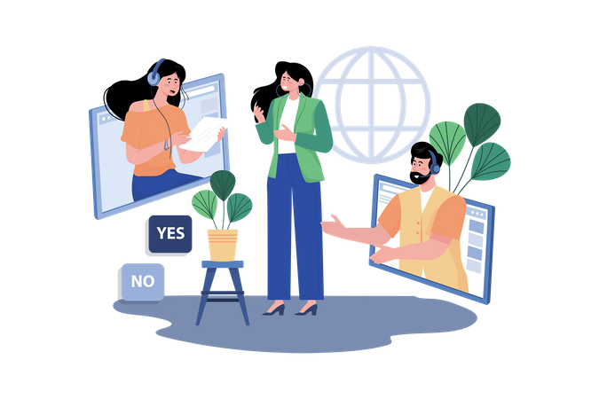 Community manager moderating customer discussions and providing support on online forums  イラスト