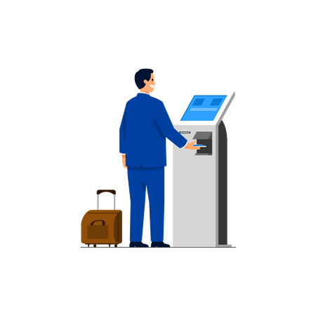 Commuter buying trip ticket with automatic contactless cashier machine.  Illustration