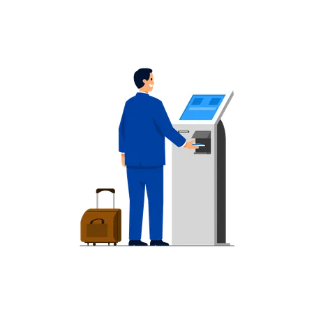 Commuter buying trip ticket with automatic contactless cashier machine.  Illustration