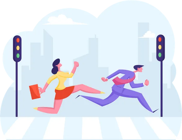 Busy City Crowd Move To Pedestrian Crosswalk Businessman And Businesswoman Holding Briefcase Running Fast Over Road With Zebra And Traffic Lights Hurry Up At Work Cartoon Flat Vector Illustration イラスト