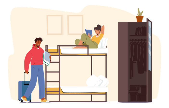 Compañeros de cuarto que viven juntos y comparten camas.  Ilustración