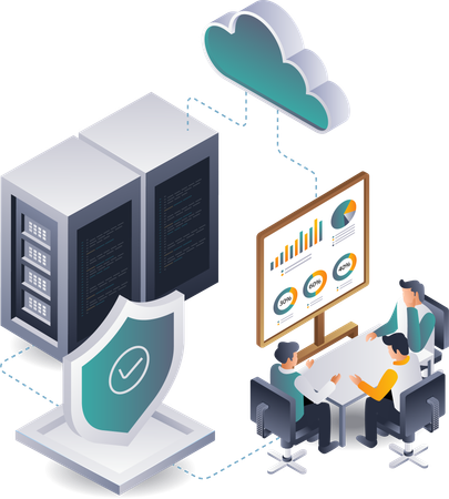 Los compañeros de trabajo están analizando datos del sistema del servidor en la nube  Ilustración