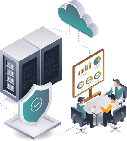 Los compañeros de trabajo están analizando datos del sistema del servidor en la nube  Ilustración