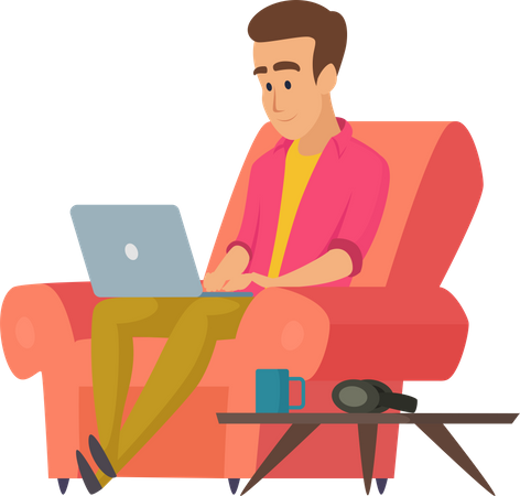 Compañeros de trabajo sentados en el sofá con una computadora portátil  Ilustración
