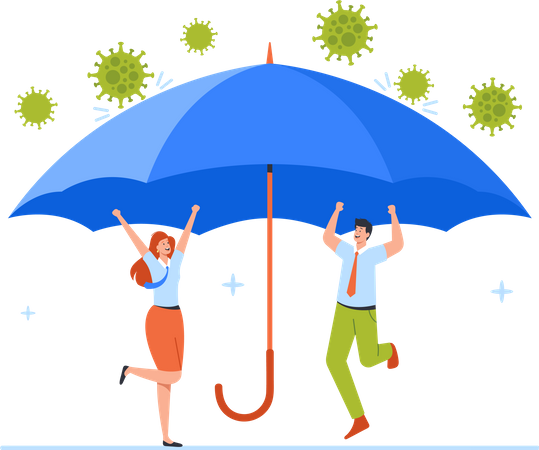 Company Characters Rejoice Under Umbrella Protect from Covid Illustration