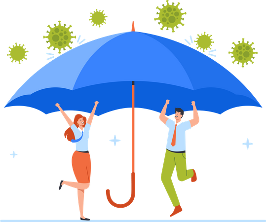 Company Characters Rejoice Under Umbrella Protect from Covid  Illustration