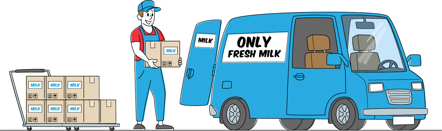 Company Delivering Milk by Car Illustration