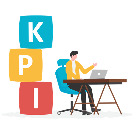 Company employee working with computer and sitting on kpi text  Illustration
