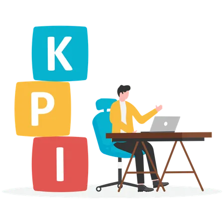 Company employee working with computer and sitting on kpi text  Illustration