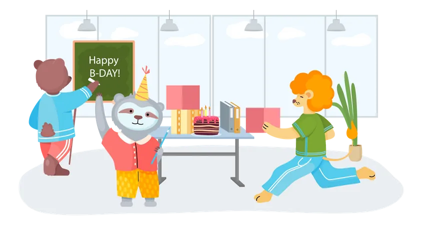 Company of animals celebrates holiday with cake  Illustration