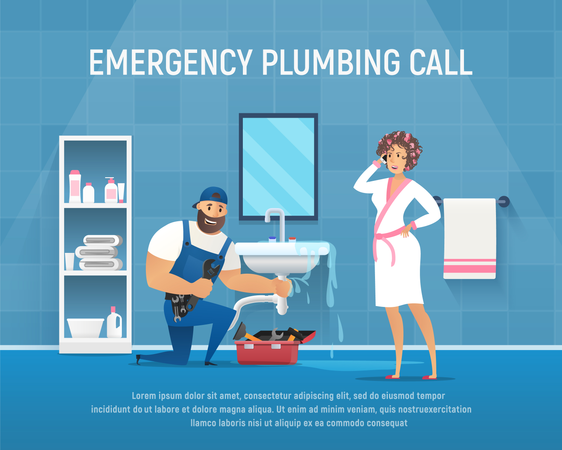 Company Plumber Repair Pipe Leak under Washstand in Bathroom  Illustration