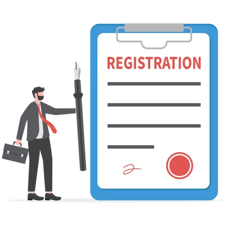 Company Registration Service Start New Business Legal Term Or Ownership Entrepreneur Assistant Confident Businessman Holding Pen Success Sign Company Document With Stamped Illustration