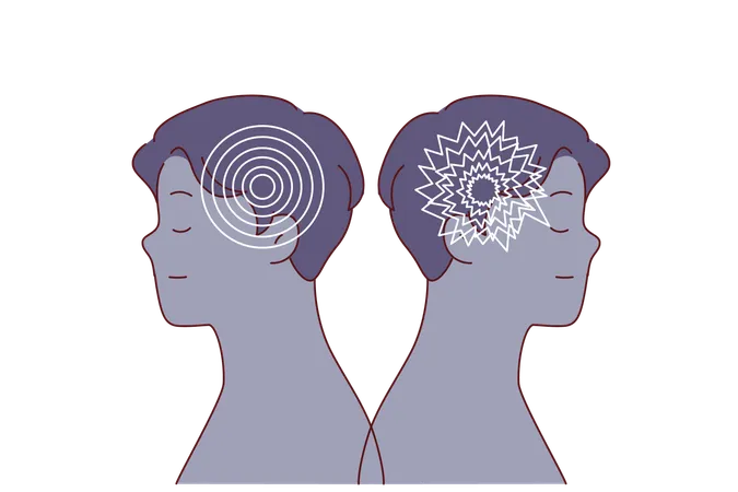 Comparação de homens com estado psicológico saudável e transtorno bipolar causando cérebro  Ilustração