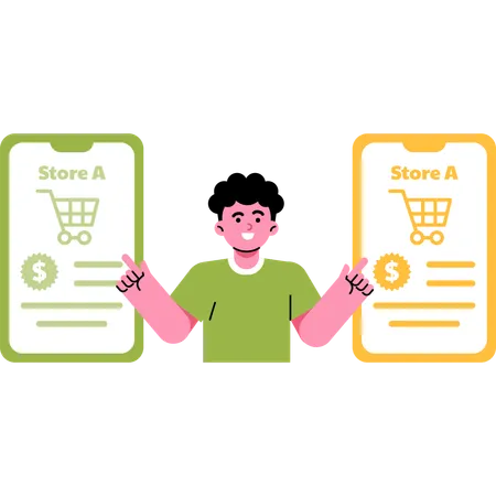 Man Comparing Prices On Different E Commerce Sites Illustration