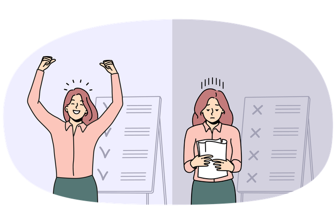 Comparison of woman with unfinished and finished tasks  Illustration