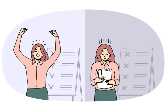 Comparison of woman with unfinished and finished tasks  Illustration
