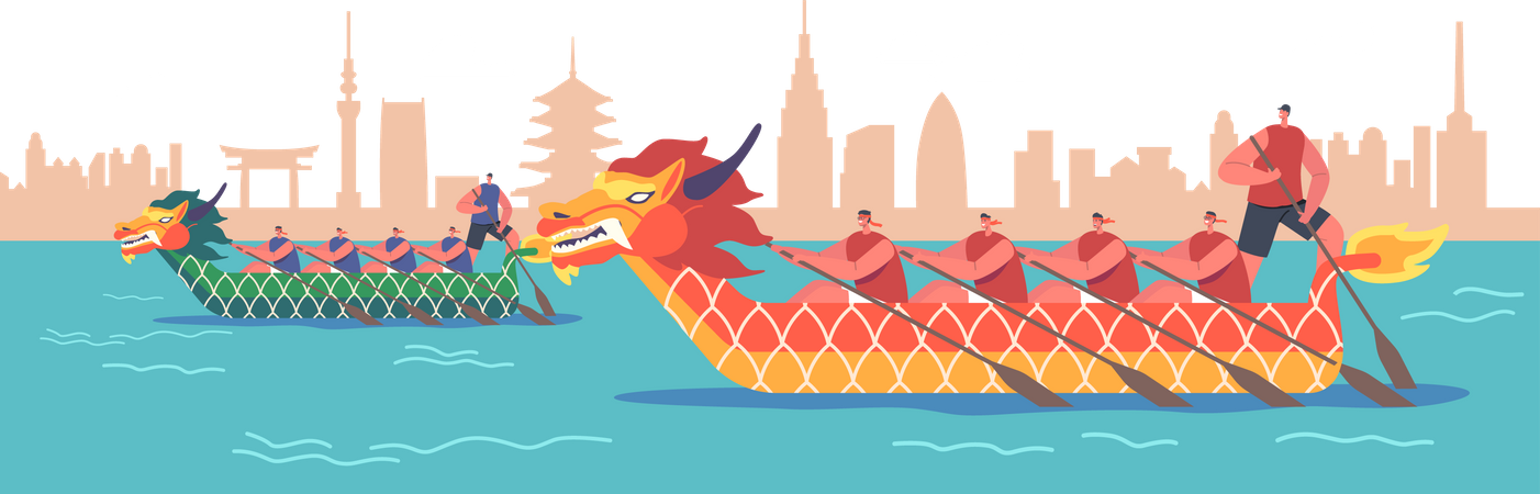 Competición de regatas de botes dragón  Ilustración
