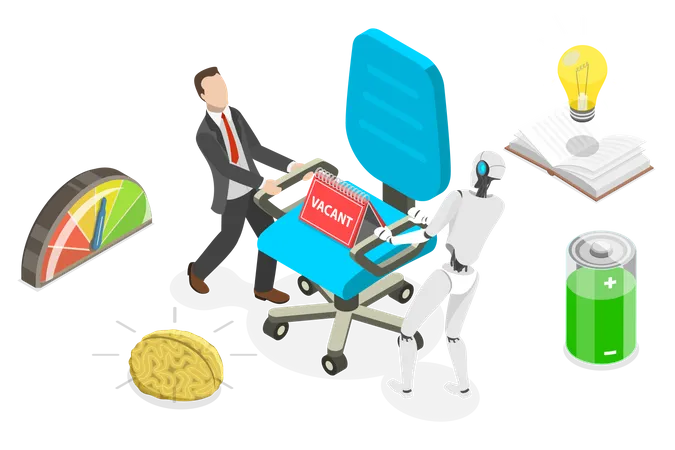Concepto Isometrico Plano Vectorial De Competencia De Humanos Versus Robots Inteligencia Artificial Automatizacion Empresarial Ilustración