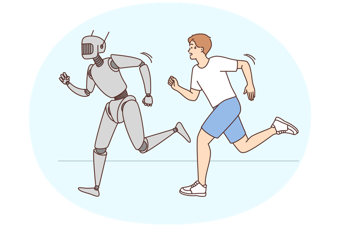Competencia de carreras entre robots y humanos juntos  Ilustración