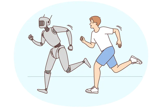 Competencia de carreras entre robots y humanos juntos  Ilustración