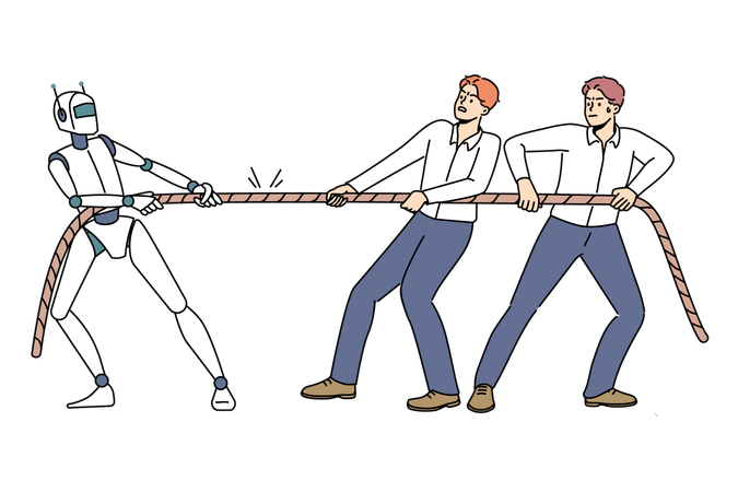 Competition between peoples and robot in tug of war as metaphor for struggle for job  일러스트레이션