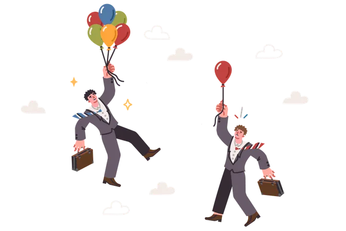 Competition businessmen flying balloons in attempt to overtake opponent and first to reach goal  Illustration