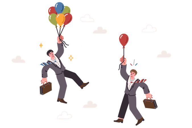 Competition businessmen flying balloons in attempt to overtake opponent and first to reach goal  Illustration