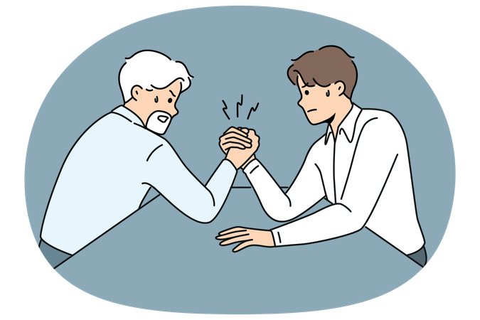 Competition of office workers of different ages doing arm wrestling to reveal strongest manager  Illustration