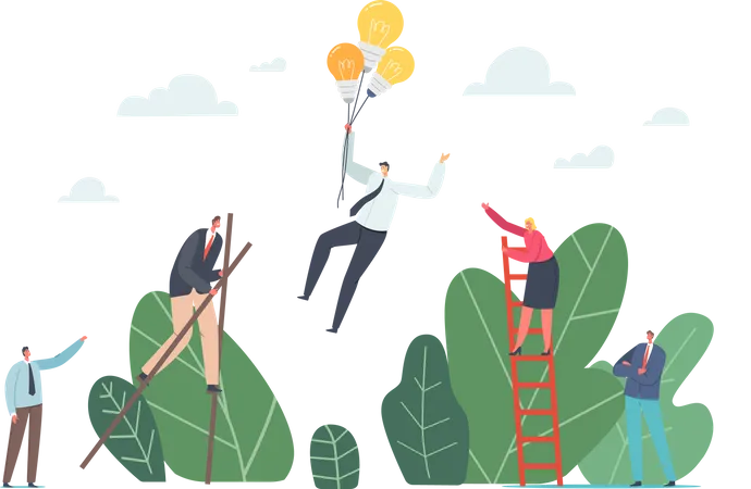 Competitive Advantages Concept Business Characters Walking On Stilts Climbing Ladder And Flying On Light Bulb Balloons Corporate Competition For Leadership Cartoon People Vector Illustration Illustration