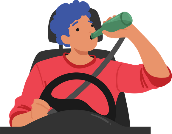 Comportamiento peligroso de hombre consume alcohol irresponsablemente mientras conduce vehículo  Ilustración