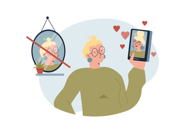 Comportement sur les réseaux sociaux avec une femme publiant de fausses photos de selfie  Illustration
