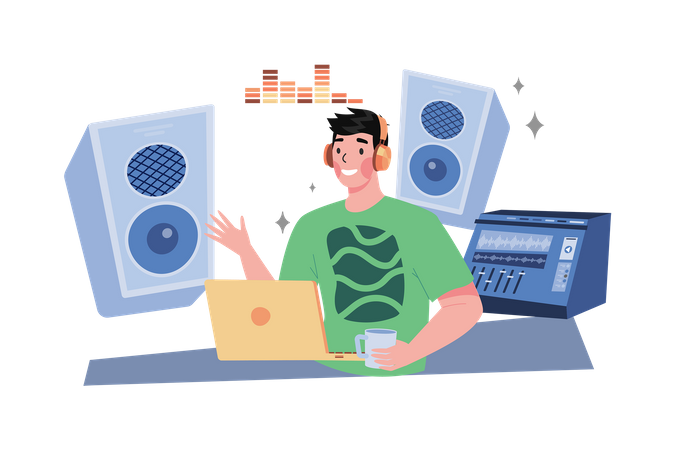Compositor musical criando e gravando música no local de trabalho Ilustração