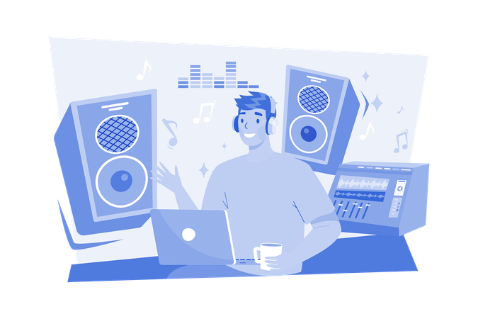 Compositor musical criando e gravando música no local de trabalho  Ilustração