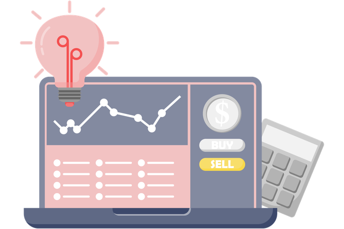 Compra y venta de acciones en una computadora portátil  Illustration