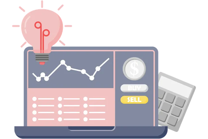 Compra y venta de acciones en una computadora portátil  Illustration